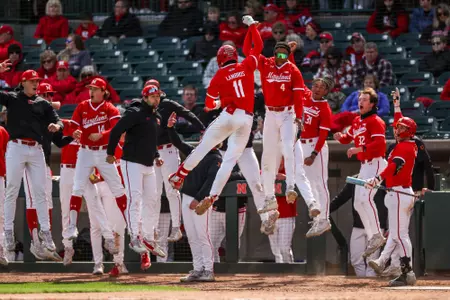 Outfielder Elijah Lambros (11) and Infielder Jordan Crosland (4)
Maryland Baseball at Nebraska Game 2 at Hawks Field at Haymarket Park in Lincoln, NE on Saturday, Apr. 20, 2024.
Chris Lyons/Maryland Athletics