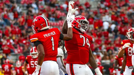 Wide Receiver Kaden Prather (1), Offensive line Delmar Glaze (74)
Maryland Football vs. Indiana at Secu Stadium in College Park, MD on Saturday, Sep. 30, 2023.
Brieanna Andrews/Maryland Terrapins
