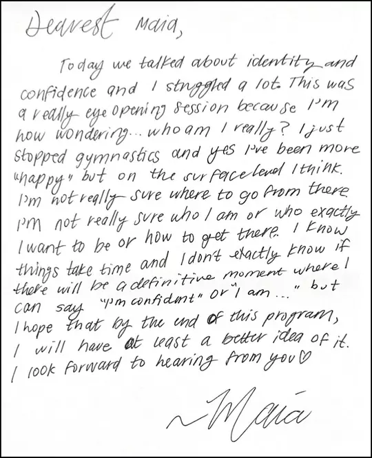 Maia Lee's letter to herself for the Kubasik First Impact Program