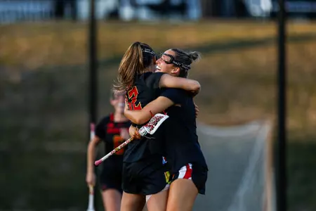 Midfielder Shannon Smith (32), Midfielder Maisy Clevenger (1)
Maryland Women’s Lacrosse at Saint Joseph’s at Sweeney Field in Philadelphia, PA on Friday, Feb. 9, 2024.
Brieanna Andrews/Maryland Terrapins