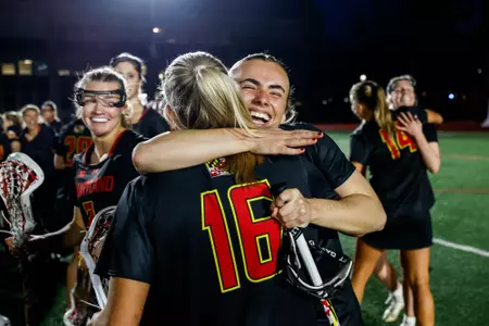 Midfielder Lexi Dupcak (16), Defender Sophie Halus (25)
Maryland Women’s Lacrosse at Saint Joseph’s at Sweeney Field in Philadelphia, PA on Friday, Feb. 9, 2024.
Brieanna Andrews/Maryland Terrapins