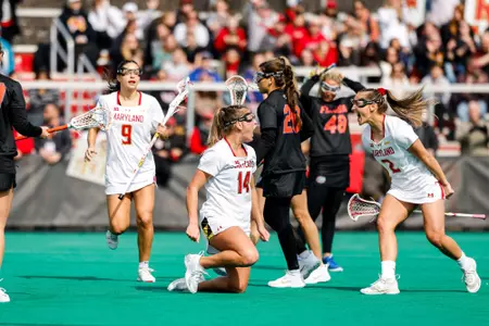 Defender Kori Edmondson (14) and Attacker Victoria Hensh (2)
Maryland Women’s Lacrosse vs. Florida at Women's Lacrosse Complex in College Park, MD on Saturday, Feb. 24, 2024.
Mackenzie Miles/Maryland Terrapins
