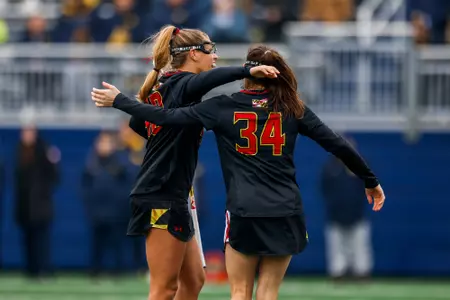 Attacker Kate Sites (34) and Attacker Hannah Leubecker (40)
Maryland Women's Lacrosse at Michigan at U-M Lacrosse Stadium in Ann Arbor, MI on Saturday, Mar. 30, 2024.
Chris Lyons/Maryland Athletics