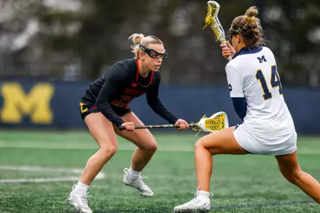 Defender Sophie Halus (25)
Maryland Women's Lacrosse at Michigan at U-M Lacrosse Stadium in Ann Arbor, MI on Saturday, Mar. 30, 2024.
Chris Lyons/Maryland Athletics