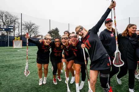 Defender Aiden Peduzzi (11), Defender Kennedy Major (44), Defender Meghan Ball (29), Defender Brianna Lamoureaux (4), and Midfielder Maddy Sterling (17)
Maryland Women's Lacrosse at Michigan at U-M Lacrosse Stadium in Ann Arbor, MI on Saturday, Mar. 30, 2024.
Chris Lyons/Maryland Athletics