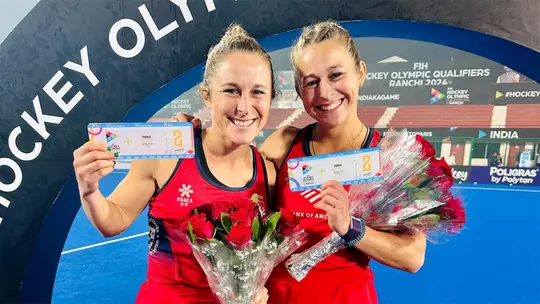 Emma and Brooke DeBerdine after Team USA qualified for the 2024 Olympic Games