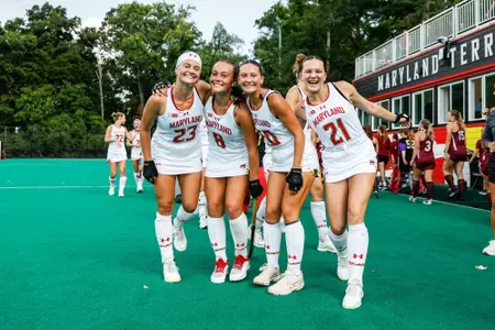 Fleur Knopert, Ericka Morris-Adams, Lillian Buckwalter, Reese Delp postgame
