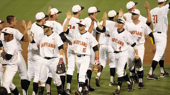 Brandon Lowe and the Terps celebrate snapping South Carolina's 29-game home winning streak in the 2014 NCAA Regionals