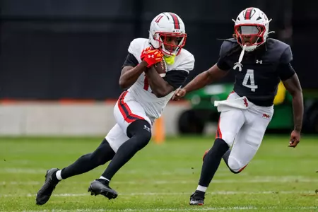 Wide Receiver Ryan Manning (11)
Photos from Practice at Stephen M. Schanwald Outdoor Practice Fields at Jones-Hill House in College Park, MD on Tuesday, Oct. 14, 2025.
Dylan Davies/Maryland Terrapins