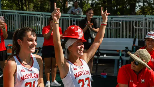 Fleur Knopert wearing The Hard Hat after a Maryland field hockey victory.