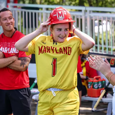 Alyssa Klebasko wearing The Hard Hat after a Maryland field hockey victory.