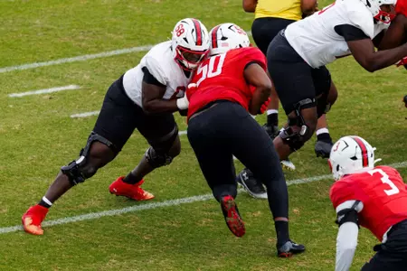 Offensive Lineman Carlos Moore (68)
Photos from Practice at Stephen M. Schanwald Outdoor Practice Fields at Jones-Hill House in College Park, MD on Wednesday, Oct. 22, 2025.
Grayson Belanger/Maryland Terrapins