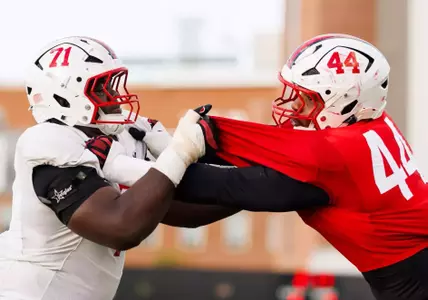 Defensive Lineman Joel Starlings (44) and Offensive Lineman Alan Herron (71)
Photos from Practice at Jones-Hill House Outdoor Practice Fields in College Park, MD on Wednesday, Oct. 8, 2025.
Grayson Belanger/Maryland Terrapins