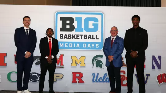 Elijah Saunders, David Coit, Buzz Williams, and Pharrel Payne at 2025-26 Men's Basketball Big Ten Media Day