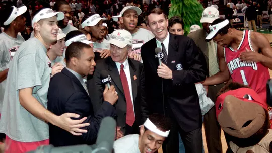 Gary Williams and the Terps celebrate making the school's first-ever NCAA Final Four appearance after beating Stanford in the 2001 NCAA Western Regional finals