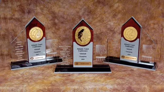 Three-straight ACC Volleyball championship trophies from 2003 to 2005