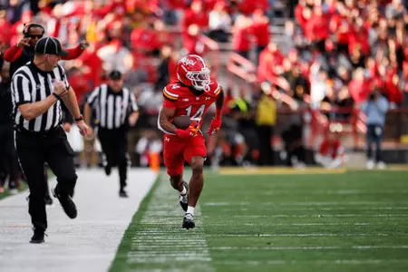 Defensive Back Jamare Glasker (14)Maryland Terrapins Football vs Indiana Hoosiers Interception action shot
