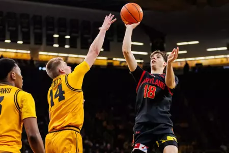Guard Guillermo Del Pino (18)
Maryland Terrapins Men's Basketball vs Iowa Hawkeyes at Carver-Hawkeye Arena in Iowa City, IA on Saturday, Dec. 6, 2025.
Kevin Snyder/Maryland Terrapins