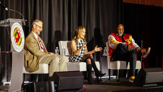 Joy Bauer '86 and special guests Maryland Football Head Coach Michael Locksley and School of Public Health Dean Boris Lushniak