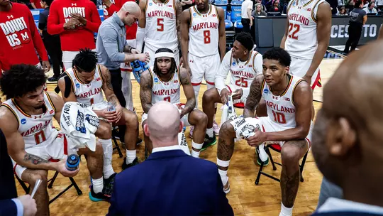 Team huddle during Maryland men's basketball's victory over Colorado State in the second round of the 2025 NCAA Tournament
