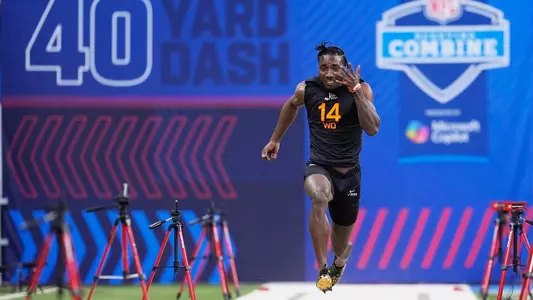 Maryland wide receiver Tai Felton runs the 40-yard dash at the NFL football scouting combine in Indianapolis, Saturday, March 1, 2025. (AP Photo/George Walker IV)