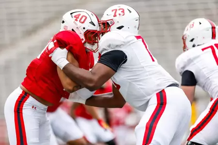 Defensive Line Nahsir Taylor (40) and Offensive Line Davon Watkins (73)
Maryland Football during a spring scrimmage at Secu Stadium in College Park, MD on Saturday, Apr. 19, 2025.
Mackenzie Miles/Maryland Terrapins