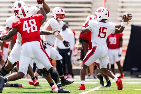 Quarterback Jackson Hamilton (15)
Photos from Fall Camp Scrimmage at SECU Stadium in College Park, MD on Saturday, Aug. 16, 2025.
Grayson Belanger/Maryland Terrapins