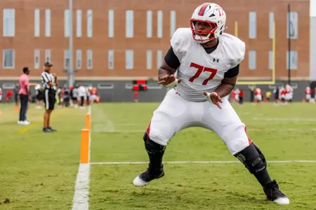 Offensive Line Amory Hills (77)
Maryland Football during Fall camp practice at Jones-Hill House in College Park, MD on Tuesday, Aug. 5, 2025.
Dylan Davies/Maryland Terrapins