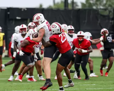 Tight End AJ Szymanski (89) and Linebacker Keyshawn Flowers (23)
Photos from Practice at Jones-Hill House Outdoor Practice Fields in College Park, MD on Monday, Sep. 29, 2025.
Mackenzie Miles/Maryland Terrapins