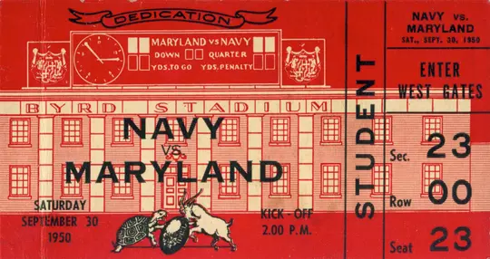 Ticket from the first game at then-Byrd Stadium on Sept. 30, 1950 against Navy.