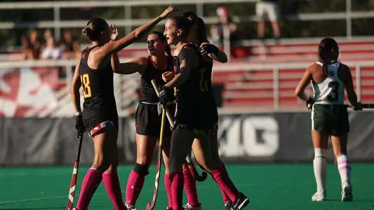 Maryland field hockey celebrates a goal against Michigan State