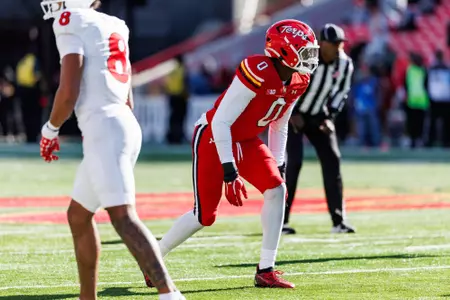 Zion Elee lines up to press the passer against Rutgers at SECU Stadium