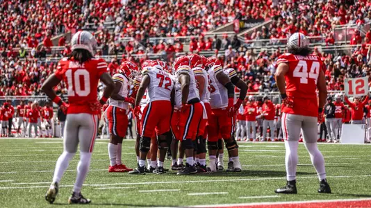 Maryland football huddle at Ohio State in 2023