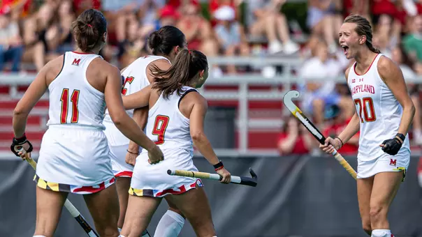 Maryland field hockey celebrates a goal