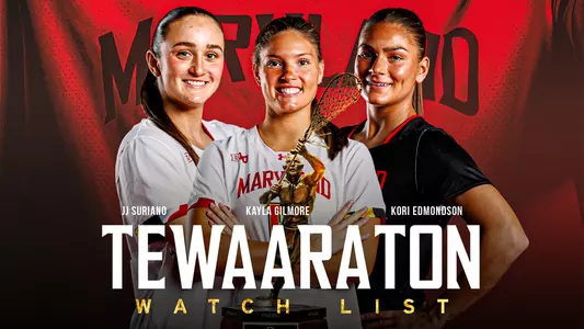 JJ Suriano, Kayla Gilmore and JJ Suriano on the Tewaaraton Watchlist graphic