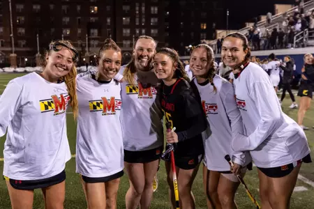 Midfielder Kylie Lamoureux (39), Attacker Tatum Woods (7), Defender Fallon George (26), Defender Reileigh McEnroe (35), Midfielder Ryan Reynolds (16), Midfielder Kylie Lamoureux (39)
Maryland Terrapins Women's Lacrosse vs Georgetown Hoyas at Cooper Field in Washington, DC on Wednesday, Feb. 18, 2026.
Rose Fernandes/Maryland Terrapins