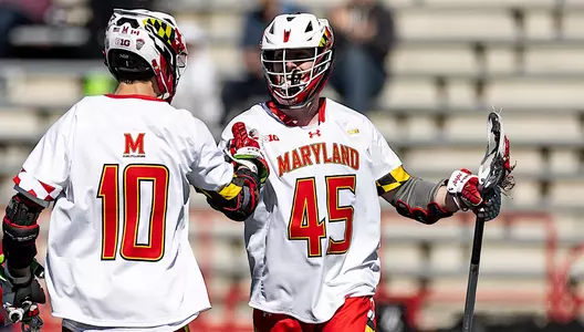 Attacker Braden Erksa (10) and Attacker Chris Lyons (45)
Maryland Terrapins Men's Lacrosse vs Notre Dame Fighting Irish at SECU Stadium in College Park, MD on Saturday, Feb. 28, 2026.
Mackenzie Miles/Maryland Terrapins