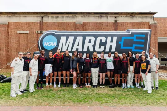 Maryland's women's basketball team poses outside Carmichael Arena before meeting UNC in the second round of the 2026 NCAA Tournament