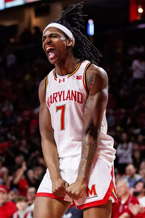 Andre Mills with an emotional scream after scoring during a game for Maryland men's baskletball