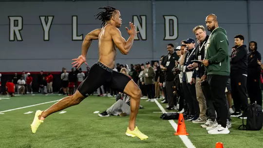 Jalen Huskey running the 40-yard dash at Maryland's Pro Day