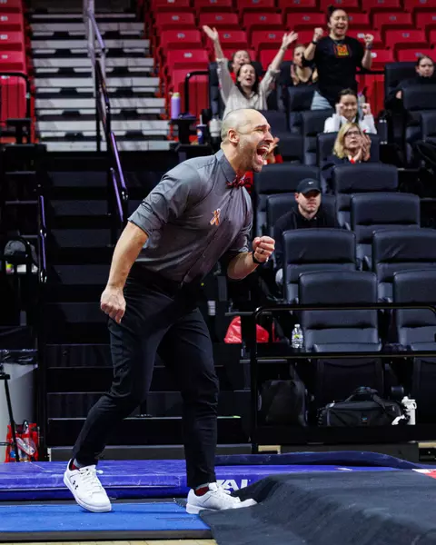 Assistant Gymnastics Coach JJ Ferreira
#25 Maryland Terrapins Women's Gymnastics vs Nebraska Cornhuskers at Xfinity Center in College Park, MD on Friday, Feb. 20, 2026.
Grayson Belanger/Maryland Terrapins