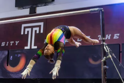 Sarah Saville
Maryland Terrapins Women's Gymnastics vs the Temple Owls, Penn Quakers and the Towson Tigers at McGonigle Hall in Philadelphia, PA on Thursday, Mar. 5, 2026. Rose Fernandes/Maryland Terrapins
