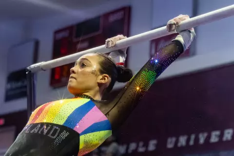 Chelsey Dennis
Maryland Terrapins Women's Gymnastics vs the Temple Owls, Penn Quakers and the Towson Tigers at McGonigle Hall in Philadelphia, PA on Thursday, Mar. 5, 2026. Rose Fernandes/Maryland Terrapins