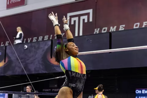 Logan Buckmon
Maryland Terrapins Women's Gymnastics vs the Temple Owls, Penn Quakers and the Towson Tigers at McGonigle Hall in Philadelphia, PA on Thursday, Mar. 5, 2026. Rose Fernandes/Maryland Terrapins