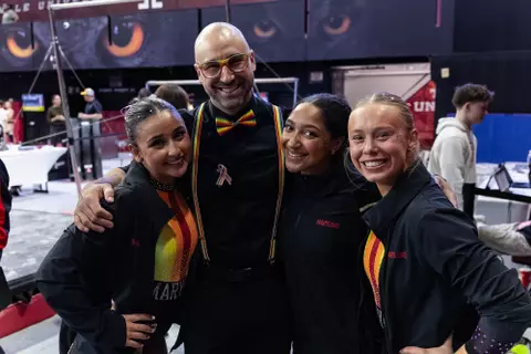 Assistant Gymnastics Coach JJ Ferreira, Katrina Mendez-Abolnik, Layla Hammer, Sydney Mullen
Maryland Terrapins Women's Gymnastics vs the Temple Owls, Penn Quakers and the Towson Tigers at McGonigle Hall in Philadelphia, PA on Thursday, Mar. 5, 2026. Rose Fernandes/Maryland Terrapins