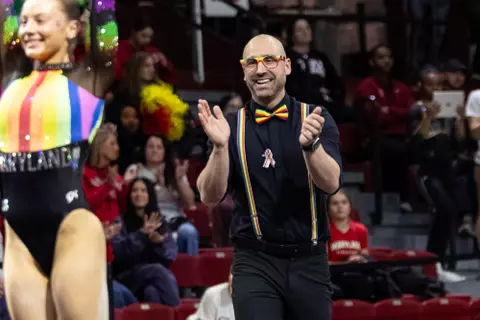 Assistant Gymnastics Coach JJ Ferreira
Maryland Terrapins Women's Gymnastics vs the Temple Owls, Penn Quakers and the Towson Tigers at McGonigle Hall in Philadelphia, PA on Thursday, Mar. 5, 2026. Rose Fernandes/Maryland Terrapins
