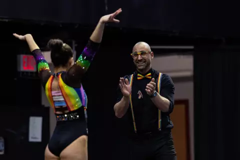 Assistant Gymnastics Coach JJ Ferreira
Maryland Terrapins Women's Gymnastics vs the Temple Owls, Penn Quakers and the Towson Tigers at McGonigle Hall in Philadelphia, PA on Thursday, Mar. 5, 2026. Rose Fernandes/Maryland Terrapins