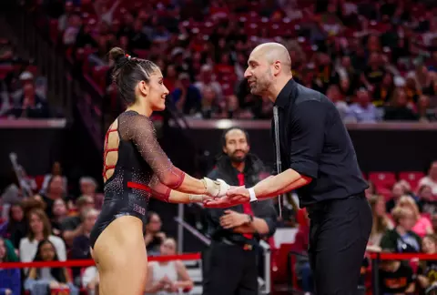 Rhea Leblanc, Assistant Coach JJ Ferreira
Maryland Gymnastics Quad Meet vs. Towson, GW and Yale at XFINITY Center in College Park, MD on Sunday, Mar. 16, 2025. Ashley Ray/Maryland Terrapins