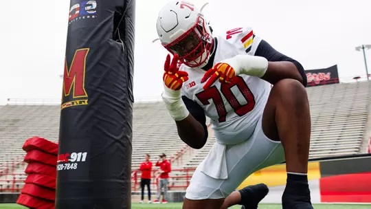Offensive Lineman Jaylen Gilchrist (70)
Photos from Spring Showcase at SECU Stadium in College Park, MD on Saturday, Apr. 25, 2026.
Grayson Belanger/Maryland Terrapins