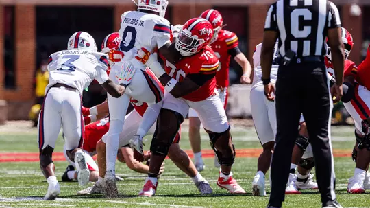 Offensive Lineman Jaylen Gilchrist (70)
Maryland Terrapins vs FAU Owls at SECU Stadium in College Park, MD on Saturday, Aug. 30, 2025.
Kevin Snyder/Maryland Terrapins